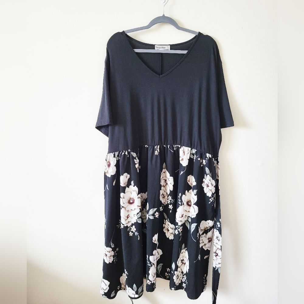 Nemidor Black Floral Short Sleeve Dress